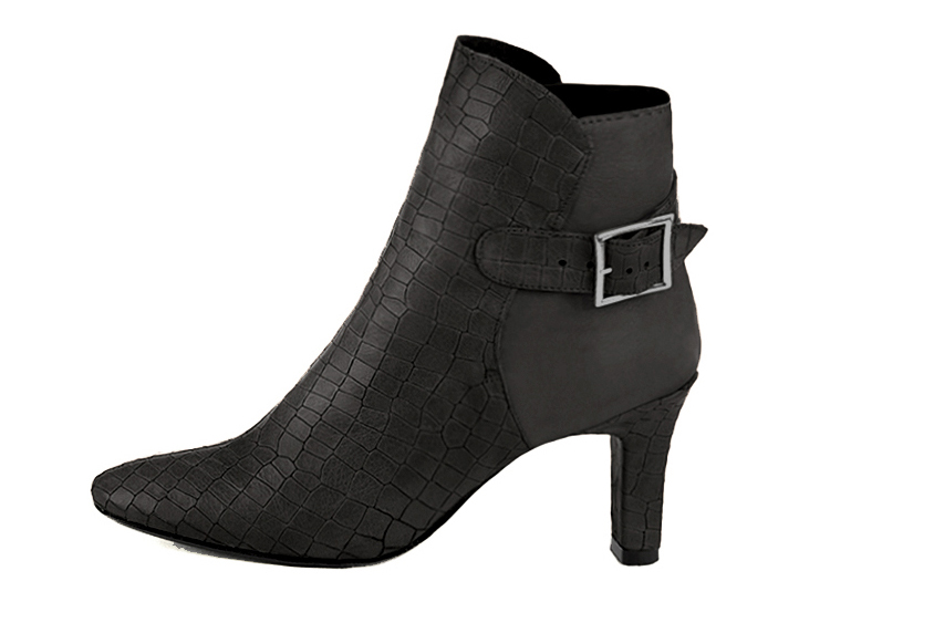 Dark grey women's ankle boots with buckles at the back. Round toe. High kitten heels. Profile view - Florence KOOIJMAN